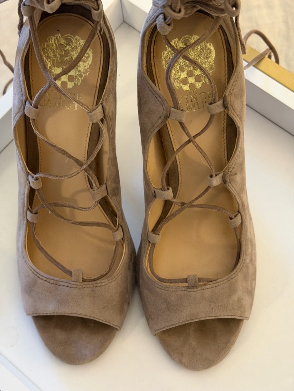 Vince Camuto Taupe Suede Lace-Up Peep Toe Heels